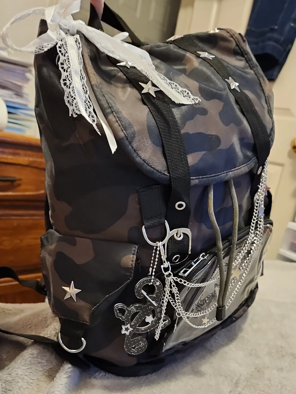 Y2K PunkCamo Backpack with Charms